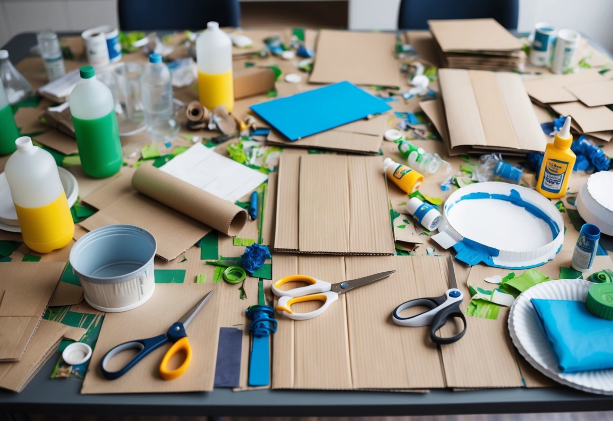 Ein Tisch, der mit verschiedenen recycelten Materialien wie Pappe, Papier und Plastikflaschen bedeckt ist. Scheren, Kleber und Farben sind verstreut, zusammen mit fertigen Bastelprojekten.