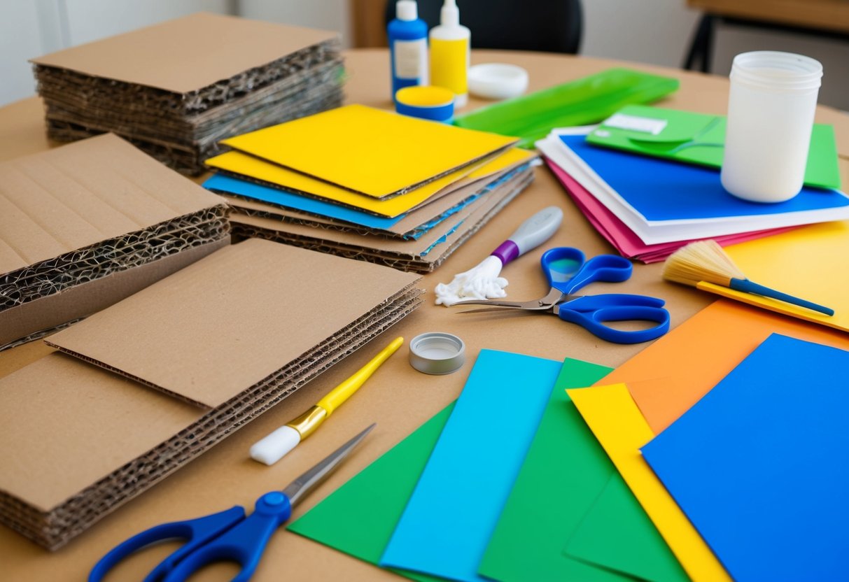 Eine bunte Auswahl an recycelten Materialien, wie Pappe, Papier und Plastik, auf einem Tisch angeordnet, mit Scheren, Kleber und Pinsel in der Nähe.