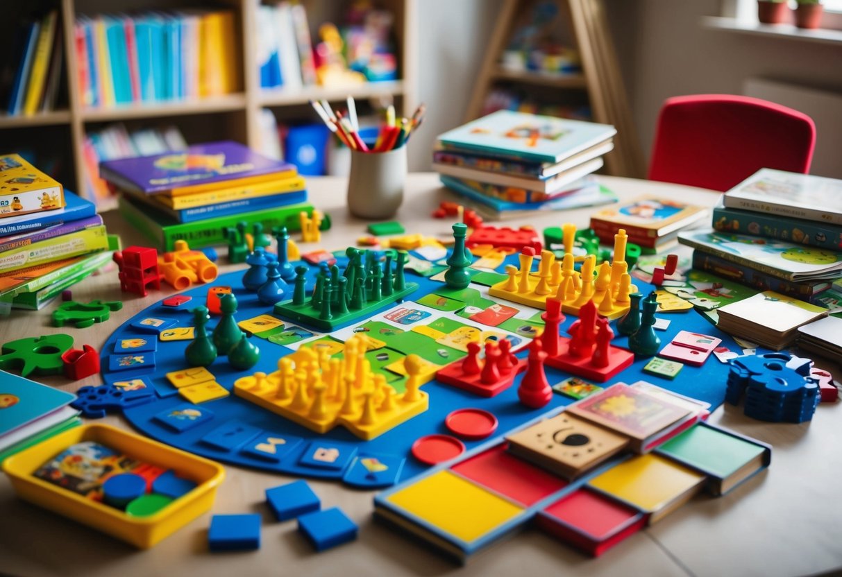 Eine bunte Auswahl an Spielsteinen und Lehrmaterialien, die auf einem Tisch ausgebreitet sind, umgeben von Kinderbüchern und Kunstbedarf.