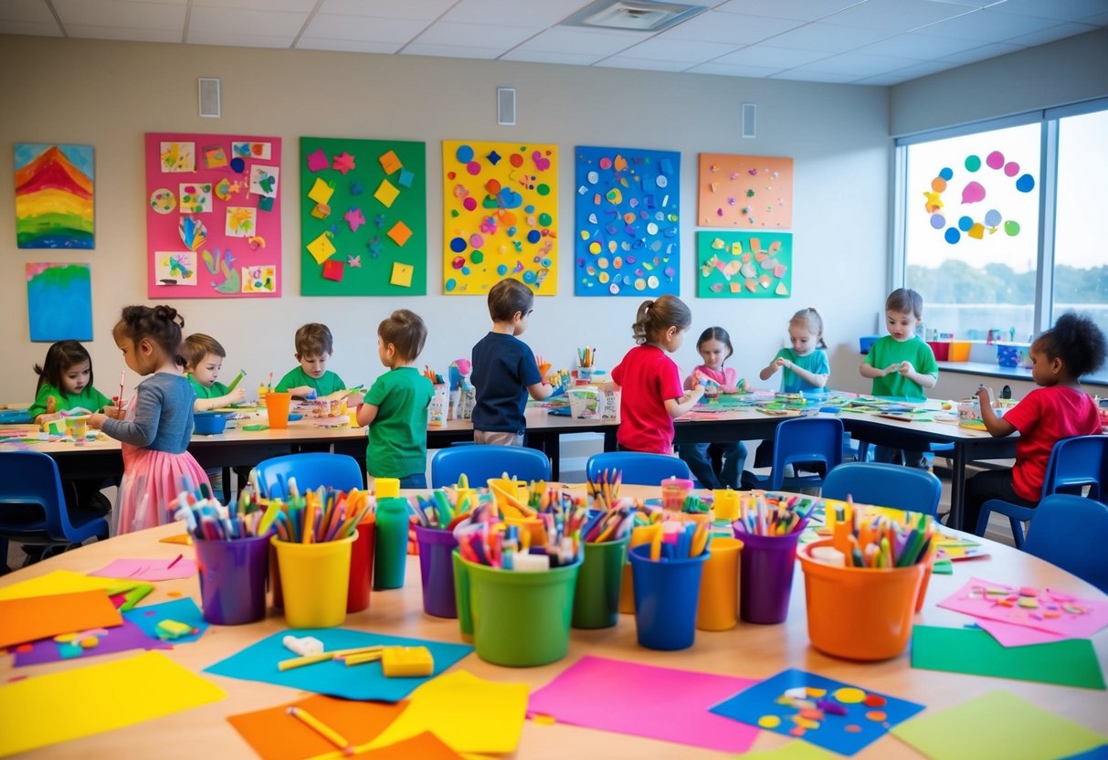 Eine bunte Auswahl an Kunstmaterialien, die auf einem Tisch verstreut sind, umgeben von Kindern, die an verschiedenen kreativen Aktivitäten teilnehmen. Bunt bemalte Zeichnungen und Gemälde schmücken die Wände und zeigen die Entwicklung von Kreativität durch spielerische Lernspiele.