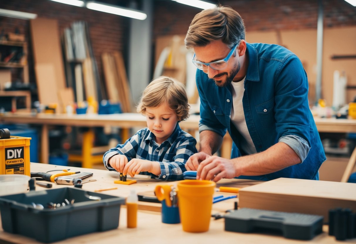 Ein Kind und ein Erwachsener arbeiten gemeinsam an einem DIY-Projekt, umgeben von Werkzeugen und Materialien in einer gut beleuchteten Werkstatt.