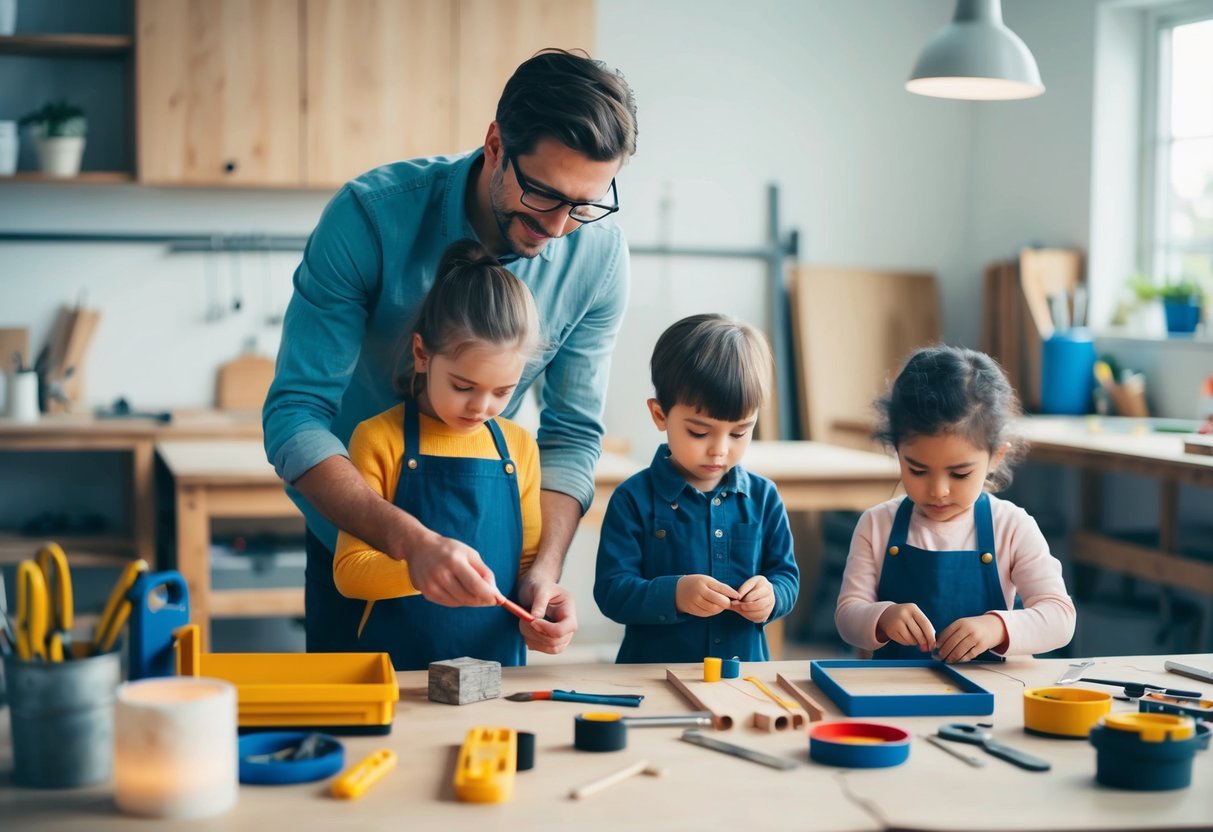 Ein Elternteil und Kinder sammeln Materialien und Werkzeuge für ein DIY-Projekt in einer gut beleuchteten, organisierten Werkstatt.
