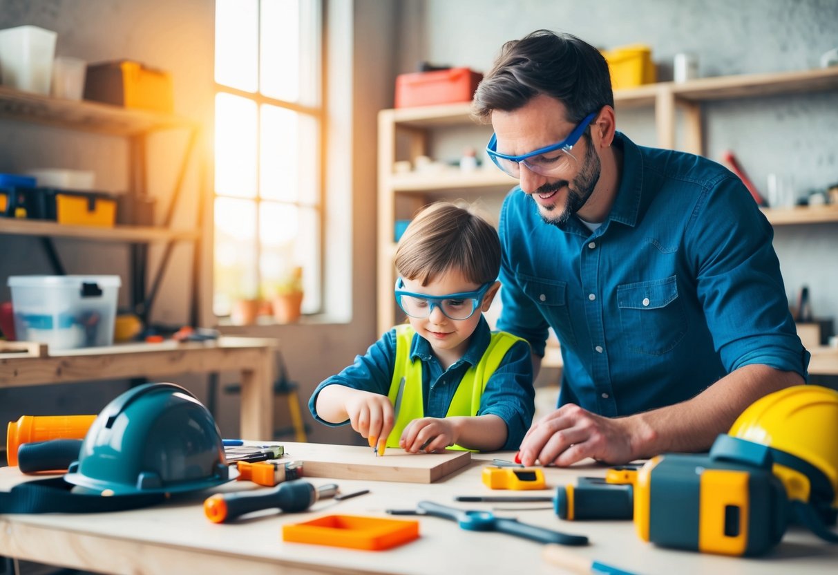 Ein Elternteil und ein Kind arbeiten gemeinsam an einem einfachen DIY-Projekt, umgeben von Werkzeugen, Materialien und Sicherheitsausrüstung in einer gut beleuchteten Werkstatt.