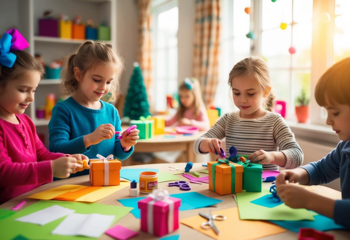 Kinder basteln selbstgemachte Geschenke mit buntem Papier, Kleber und Scheren in einem gemütlichen, sonnendurchfluteten Raum. Tische sind mit Bastelmaterialien und fertigen Geschenken vollgestopft.