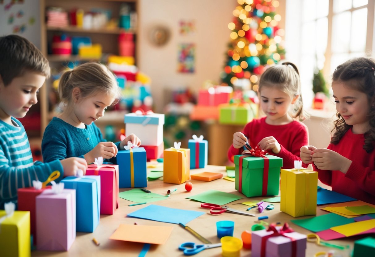 Kinder basteln selbstgemachte Geschenke in einem gemütlichen, sonnendurchfluteten Raum, der mit buntem Papier, Kleber und Scheren gefüllt ist. Die Tische sind mit kreativen Materialien und fertigen Geschenken überladen.
