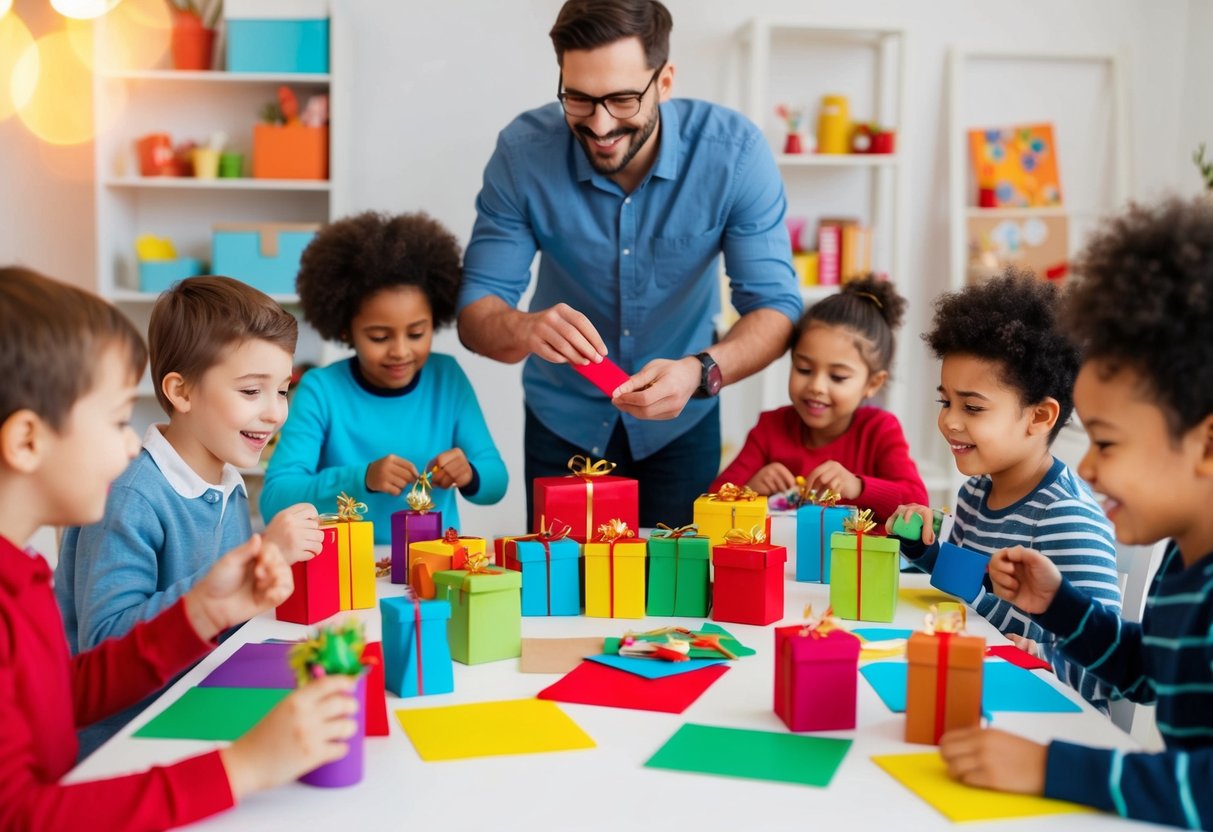 Ein Tisch, der mit bunten Bastelmaterialien und handgemachten Geschenken gedeckt ist, umgeben von eifrigen Kindern und einem lächelnden Erwachsenen.