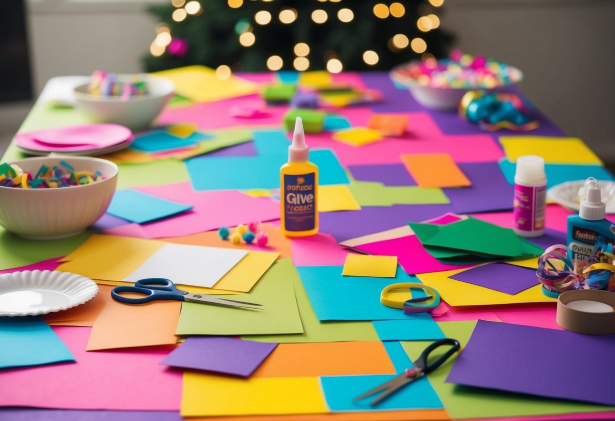 Ein Tisch, der mit buntem Papier, Kleber, Scheren und verschiedenen Bastelmaterialien für die Erstellung von Dekorationen für besondere Anlässe bedeckt ist.