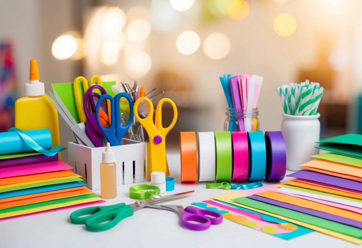 Eine bunte Auswahl an Bastelmaterialien, ordentlich auf einem Tisch angeordnet, mit Scheren, Kleber, Papier und Bändern, bereit für die Gestaltung von Bastelarbeiten zu besonderen Anlässen.