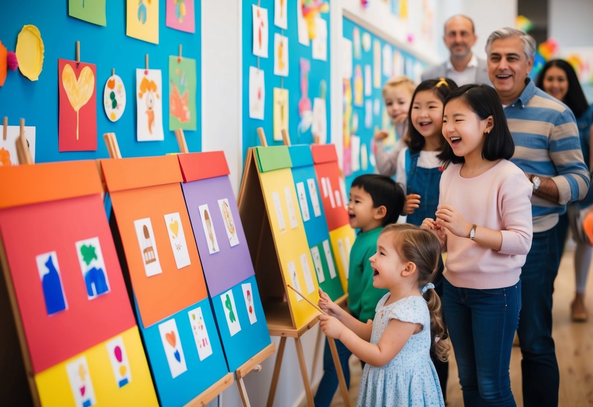 Eine bunte Kunstausstellung mit Kinderzeichnungen, die auf Staffeleien und Wänden ausgestellt sind, umgeben von aufgeregten jungen Besuchern und stolzen Eltern.