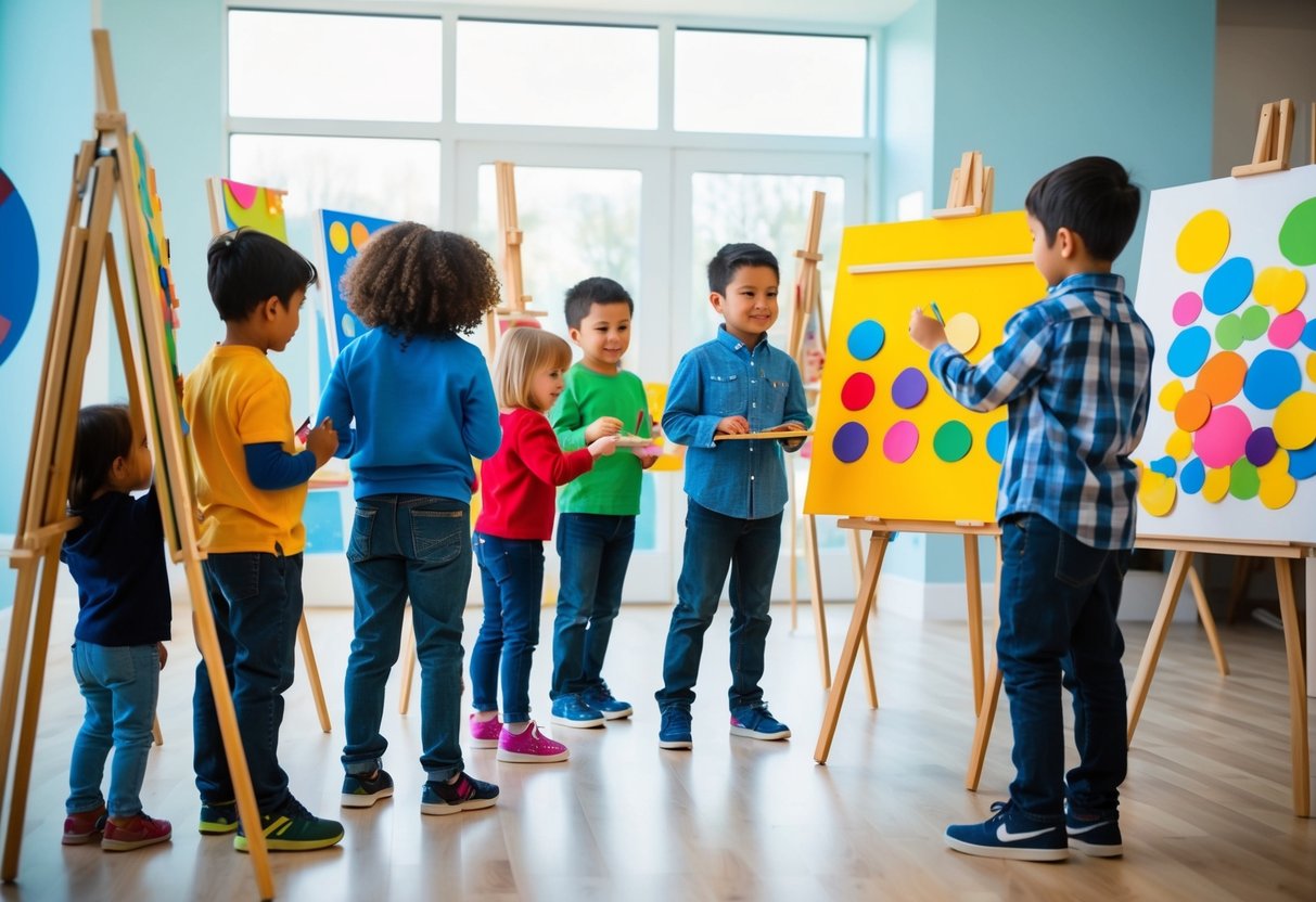 Eine Gruppe von Kindern und Erwachsenen bereitet eine Kunstausstellung für Kinder vor und plant sie, indem sie Staffeleien aufstellen und bunte Kunstwerke auf Präsentationspaneelen anordnen.