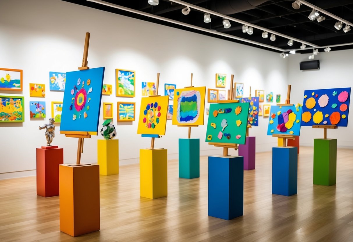 Eine bunte Kunstausstellung für Kinder mit verschiedenen Gemälden, Zeichnungen und Skulpturen, die auf Staffeleien und Podesten in einer hellen und geräumigen Galerie ausgestellt sind.