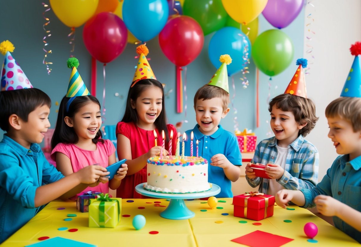 Eine bunte Geburtstagsfeier mit Luftballons, Girlanden und einem Kuchen, umgeben von aufgeregten Kindern, die Spiele spielen und Geschenke auspacken.