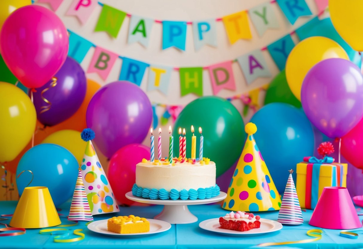 Eine bunte und festliche Szene mit Luftballons, Girlanden, einer Geburtstagstorte und verschiedenen Partydekorationen für eine Kindergeburtstagsfeier