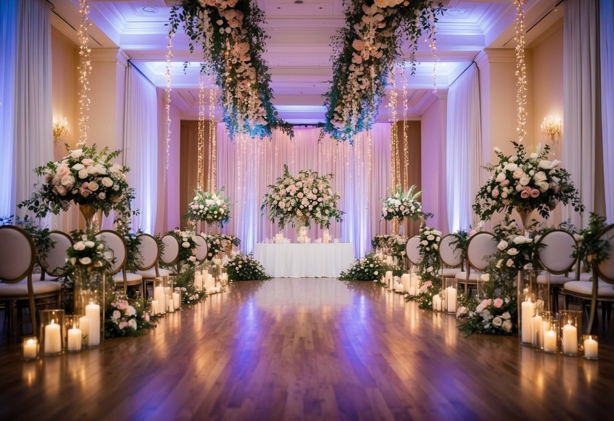 Ein großer Saal, geschmückt mit eleganten Blumenarrangements, funkelnden Lichtern und herabfallenden Vorhängen für eine festliche Feier.