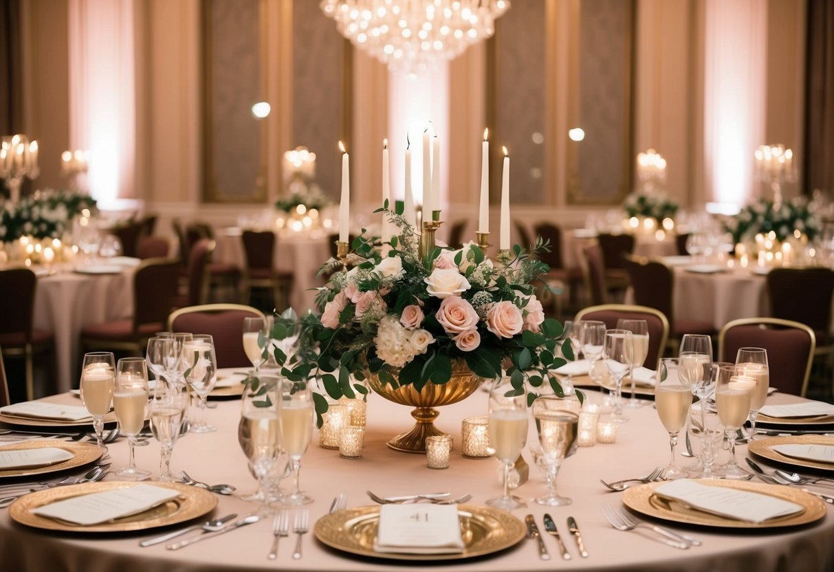 Ein prächtiger Banketttisch geschmückt mit eleganten Blumenarrangements und funkelndem Kerzenlicht