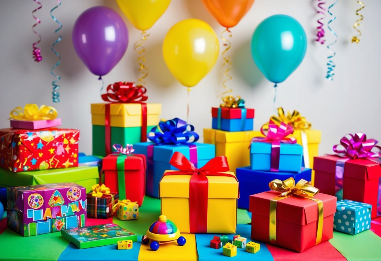 Bunte Partydekorationen und Geschenke, die auf einem Tisch verteilt sind, einschließlich Spielzeug, Spielen und eingepackten Geschenken. Luftballons und Girlanden sorgen für eine festliche Atmosphäre.