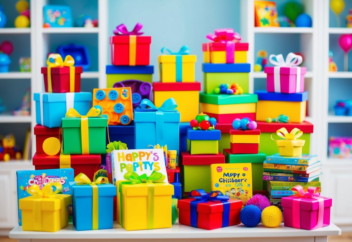 Eine bunte Auswahl an altersgerechten Geschenken für Kindergeburtstagsfeiern, darunter Spielzeug, Spiele und Bücher, die auf Regalen und Tischen angeordnet sind.