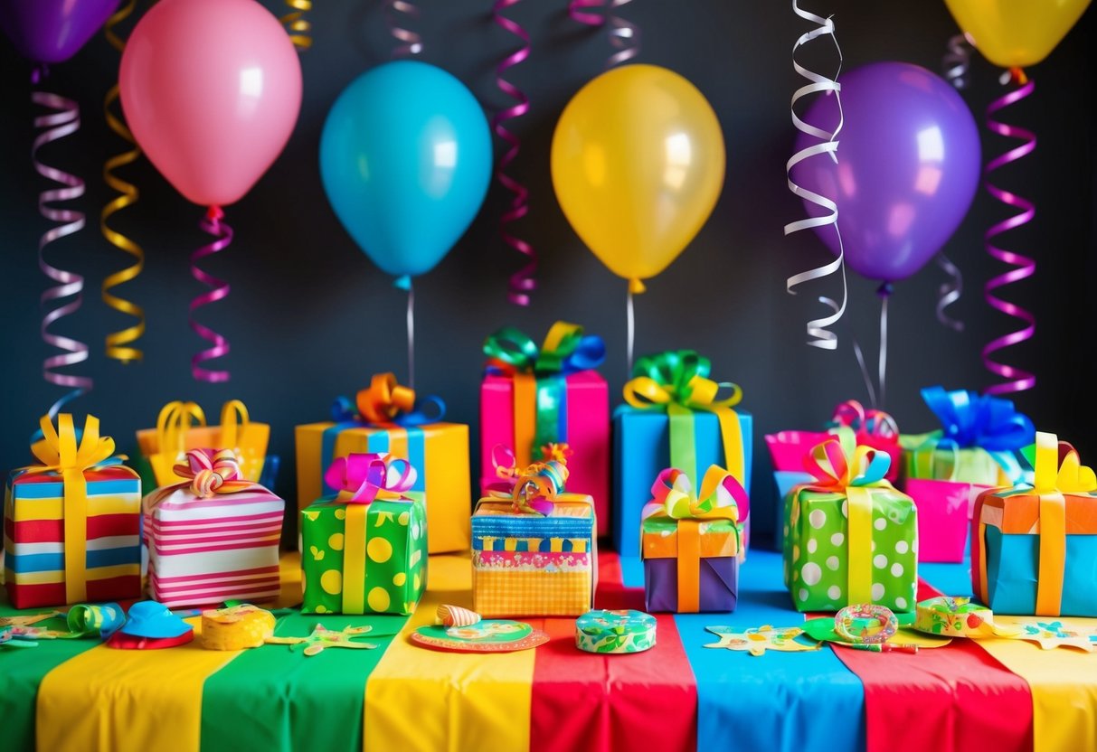 Ein bunter Tisch, gefüllt mit handgemachten Geschenken und Dekorationen für eine Kinderparty. Girlanden, Ballons und verspielte Bastelarbeiten sind in einer festlichen Anordnung präsentiert.