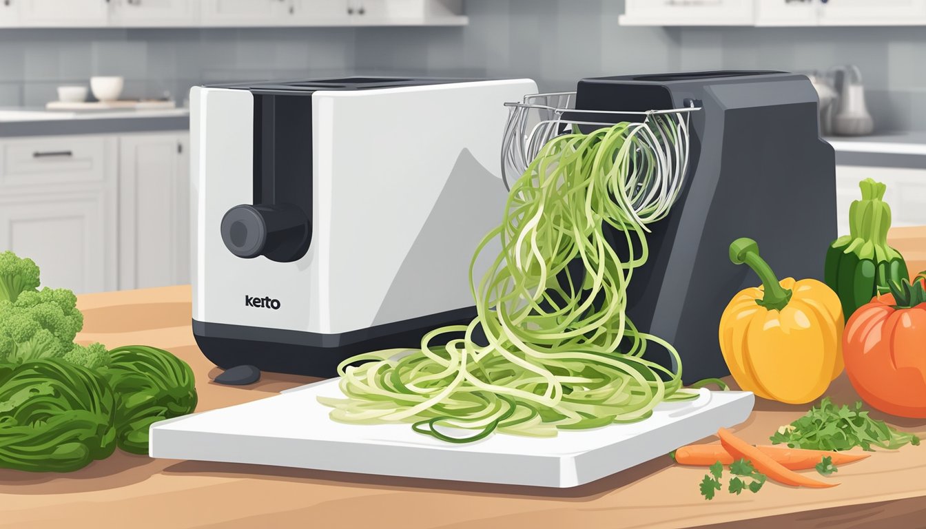 A kitchen counter with a spiralizer, cutting board, and fresh vegetables ready to be turned into keto-friendly zoodles