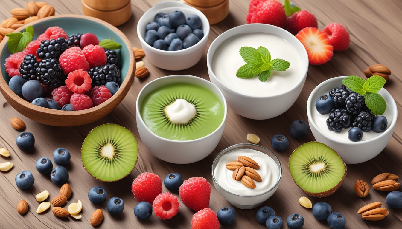 A variety of keto-friendly yogurt alternatives displayed on a wooden table with fresh berries and nuts scattered around for a healthy and delicious snack option