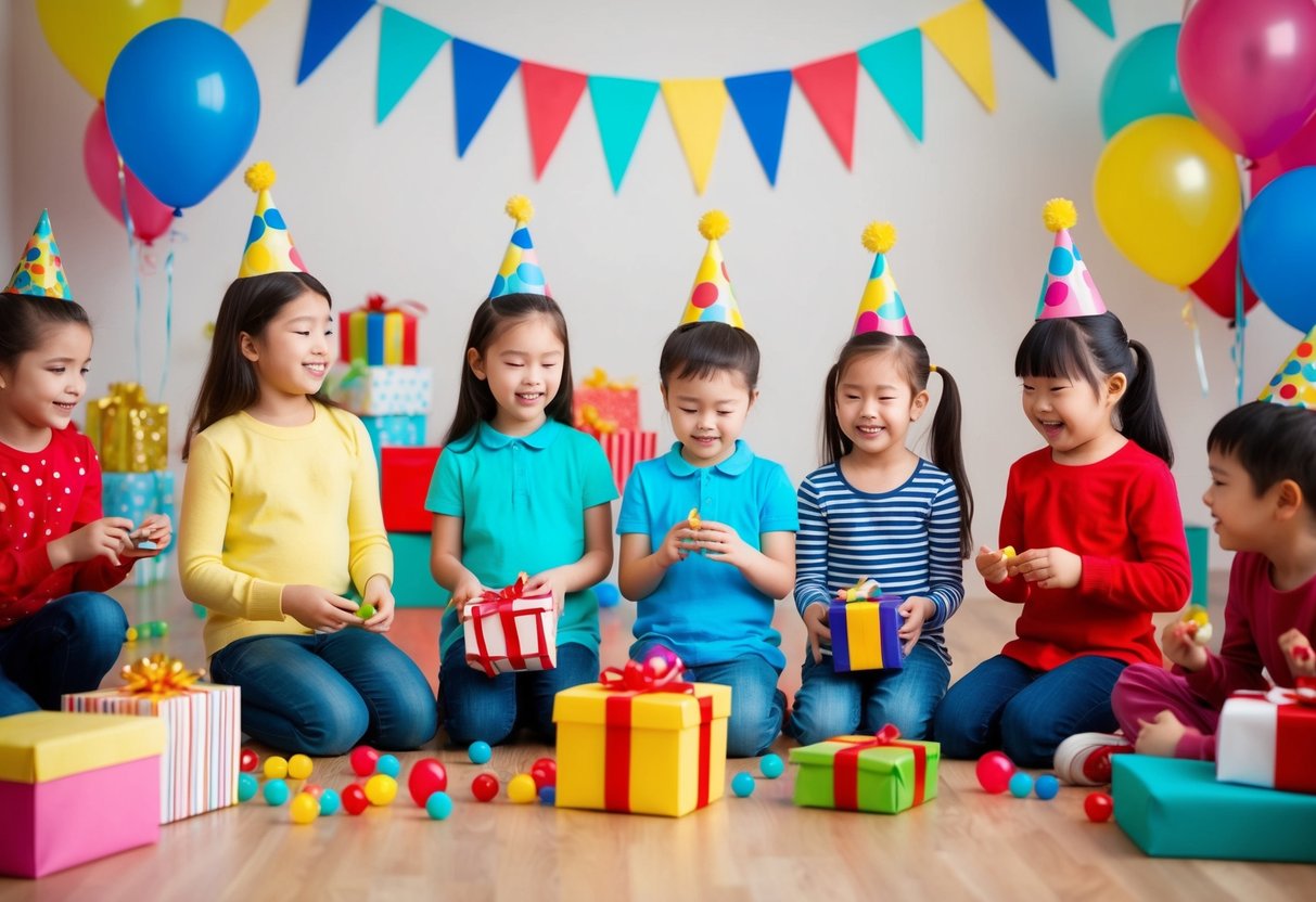 Eine Gruppe von Kindern spielt verschiedene Spiele auf einer Geburtstagsfeier, mit Ballons, Geschenken und einer festlichen Atmosphäre.