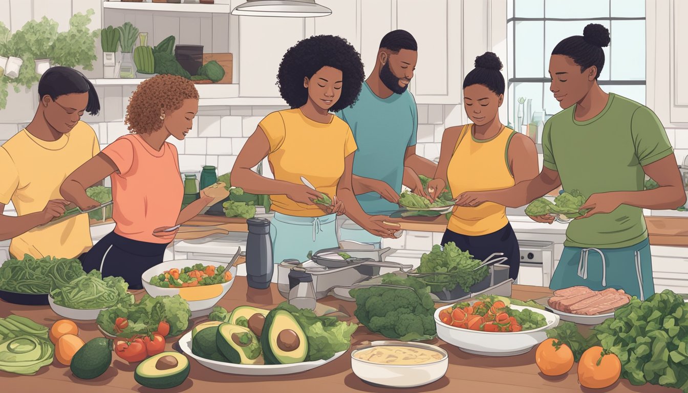 A group of dancers preparing meals with keto-friendly ingredients like lean meats, leafy greens, and avocados. They are surrounded by dance gear and water bottles