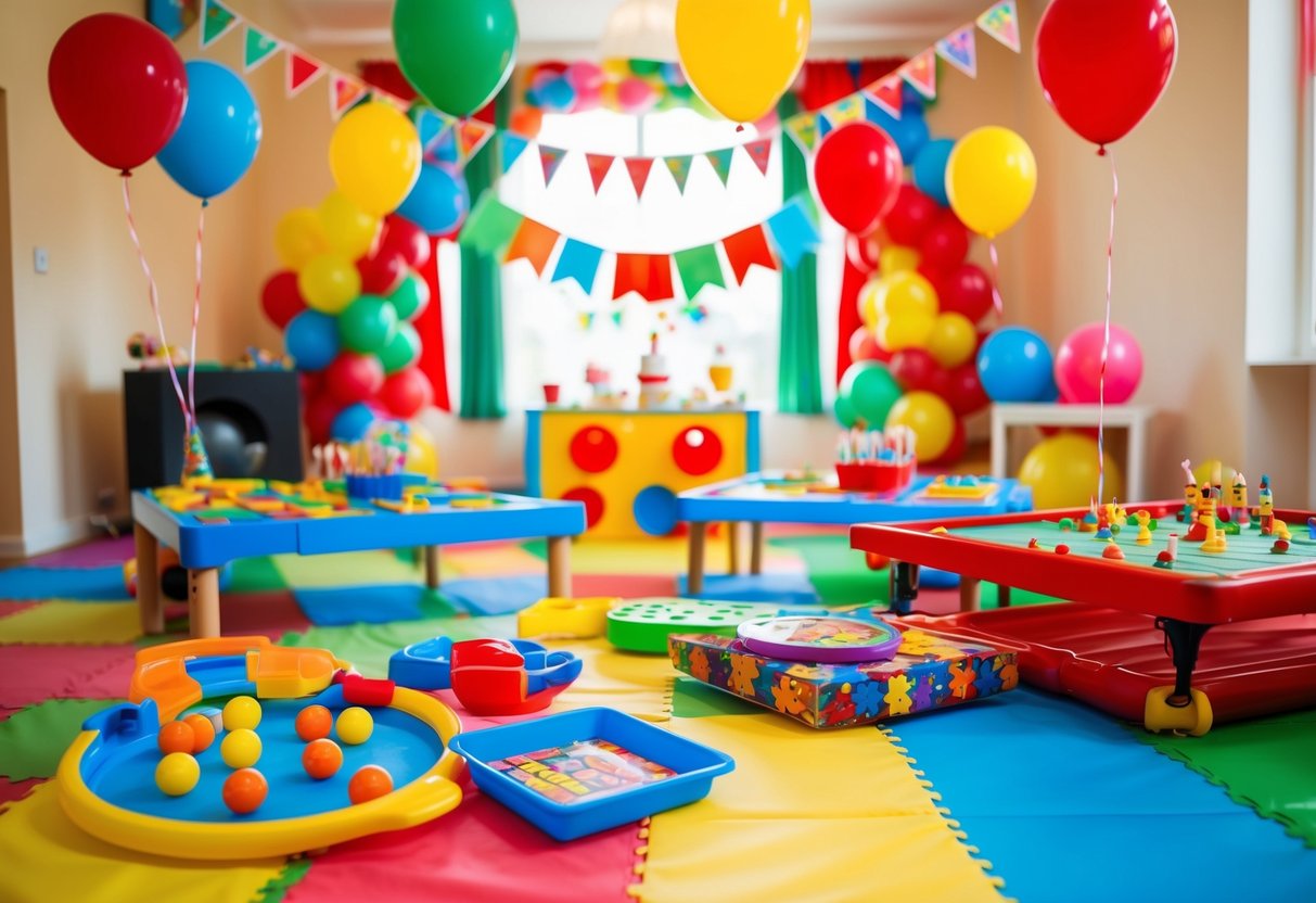 Eine bunte Auswahl an Indoor-Spielen und Partydekorationen für eine Geburtstagsfeier für Kinder