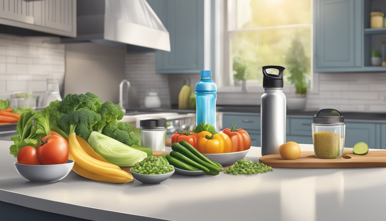 A dancer's kitchen with fresh vegetables, lean protein, and healthy fats. Nutritional supplements and a water bottle on the counter