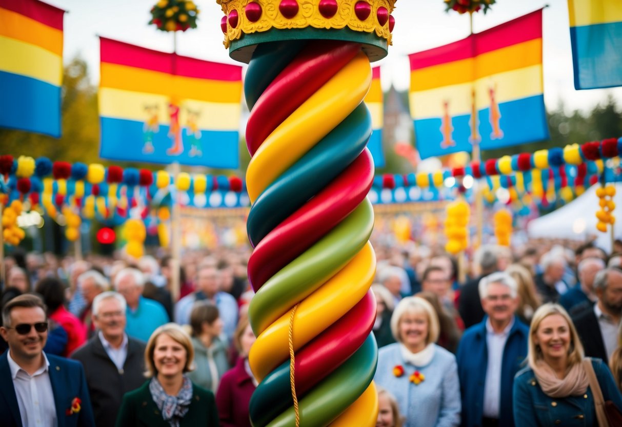 Ein bunter Maibaum, umgeben von traditionellen deutschen Festdekorationen und lebhafter Musik