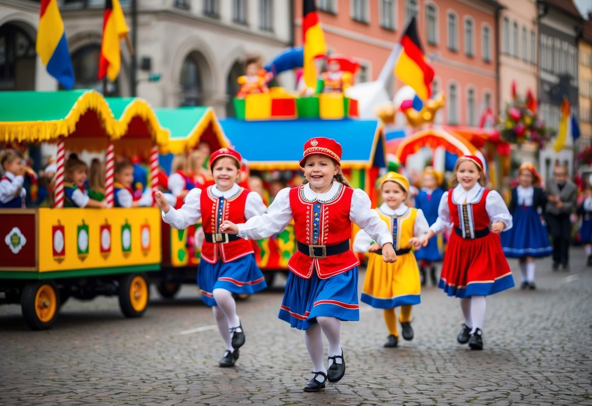 Eine bunte Parade traditioneller deutscher Kinderfestwagen, mit lebhafter Musik und Tanz