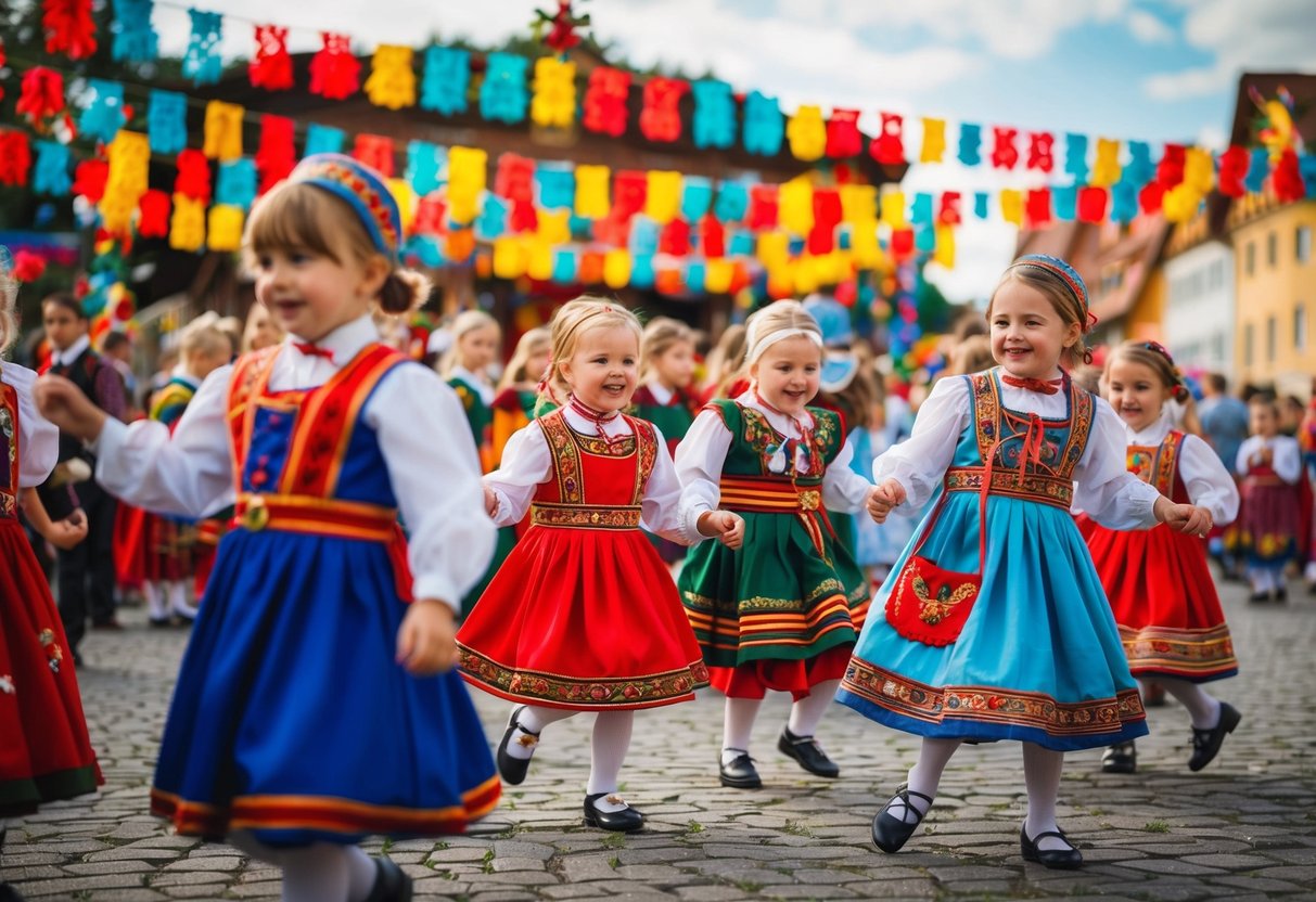 Eine lebhafte Szene traditioneller Kinderfeste in Deutschland, mit bunten Dekorationen, Musik, Tanz und traditionellen Kostümen.