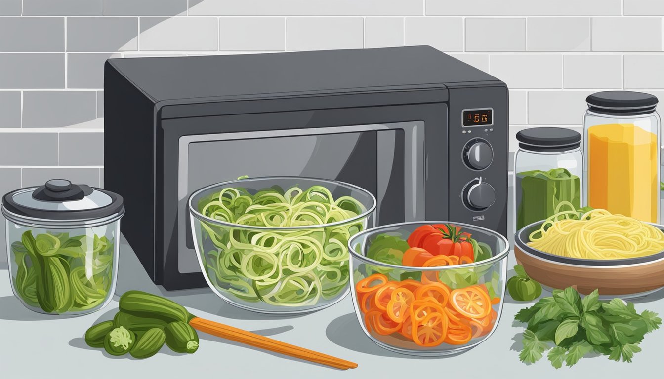 Fresh zucchini noodles in glass containers, surrounded by colorful vegetables and herbs. A microwave and stovetop are nearby