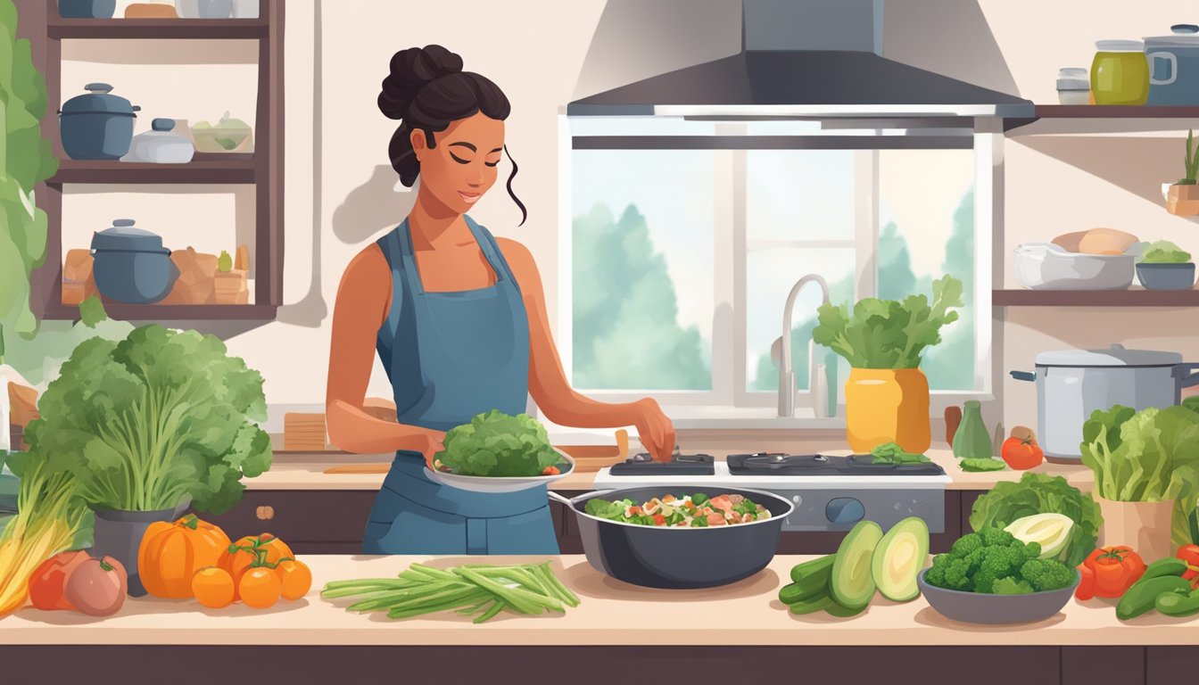 A dancer gracefully preparing keto-friendly meals amidst a kitchen filled with fresh vegetables, lean meats, and healthy fats