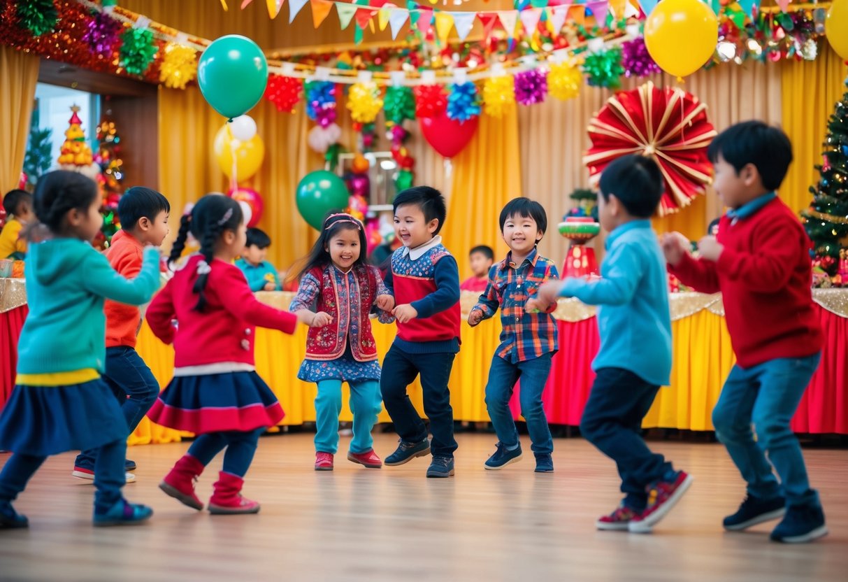 Eine bunte und festliche Szene mit Kindern, die bei einer saisonalen Feier spielen und tanzen. Dekorationen, Ballons und traditionelle Elemente schaffen eine lebhafte Atmosphäre.