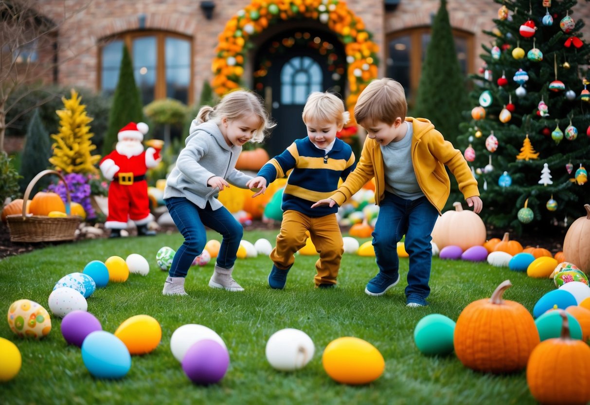 Kinder spielen in einem bunten Garten, umgeben von saisonalen Dekorationen und Symbolen verschiedener Feiertage, wie Ostereiern, Weihnachtsbäumen und Kürbissen.
