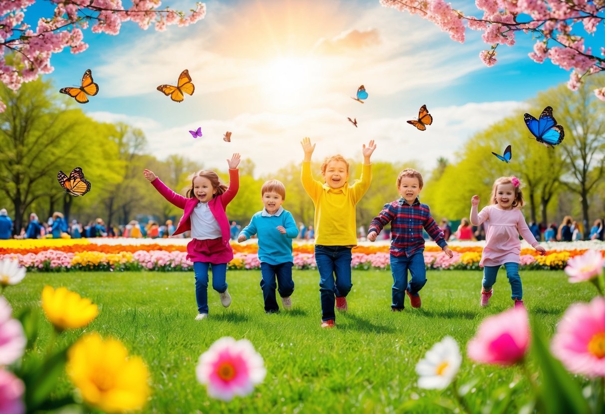 Ein buntes Frühlingsfest mit spielenden Kindern in einem Park, umgeben von blühenden Blumen, Schmetterlingen und einem sonnigen Himmel.