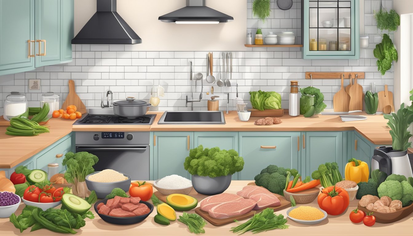 A kitchen with a variety of keto-friendly foods and ingredients, such as lean meats, low-carb vegetables, healthy fats, and sugar alternatives