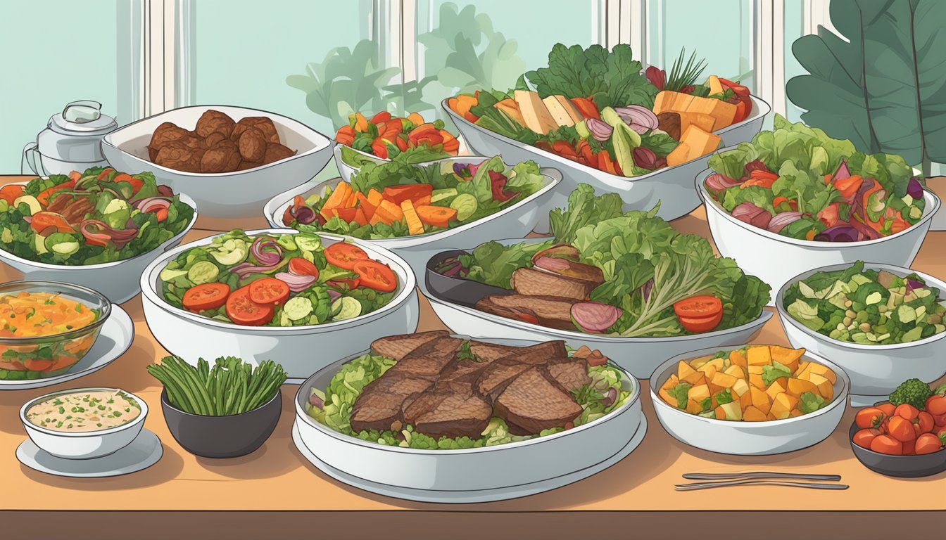 A buffet spread with keto-friendly options, including salads, grilled meats, and low-carb vegetables, with clear labeling for dietary preferences