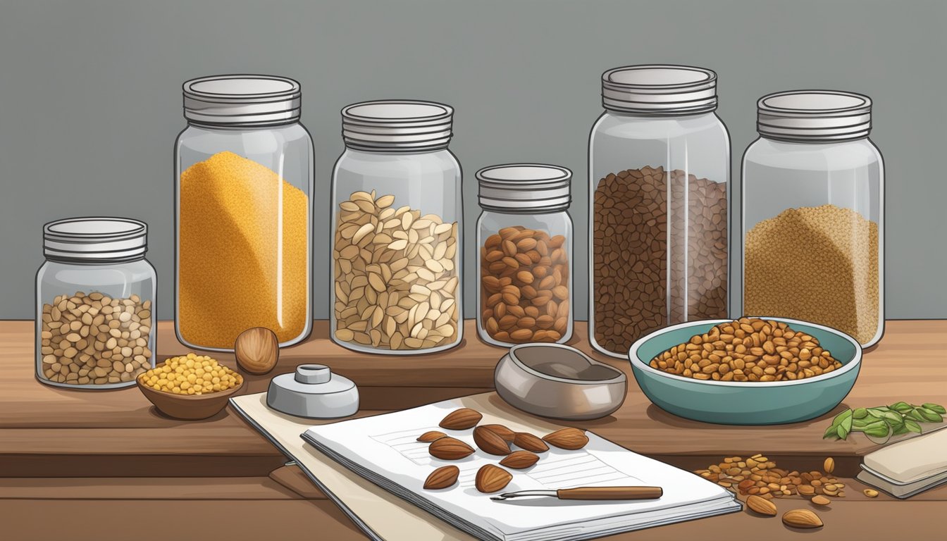 A kitchen counter with neatly organized jars of nuts, seeds, and spices. A stack of cookbooks and a digital scale sit nearby