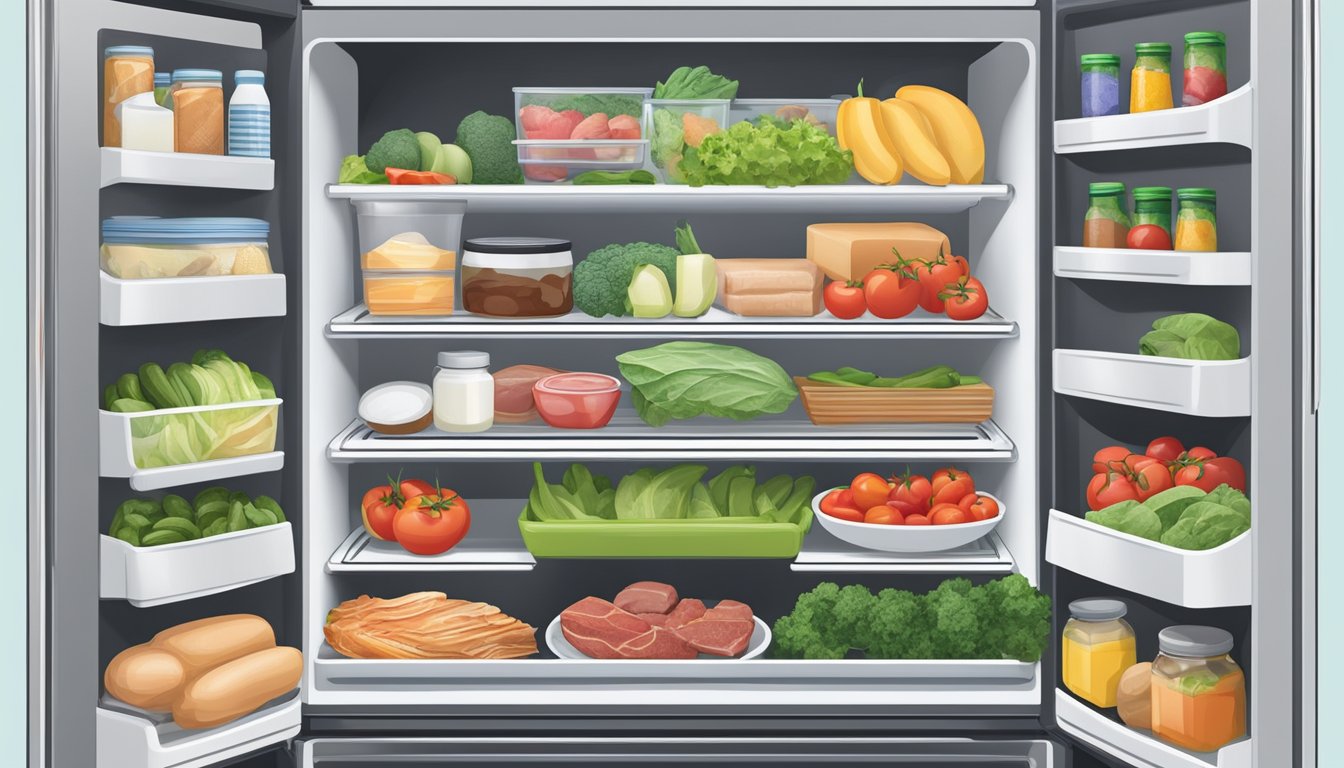 A well-organized refrigerator and freezer stocked with keto-friendly foods, including fresh produce, lean meats, and low-carb dairy products