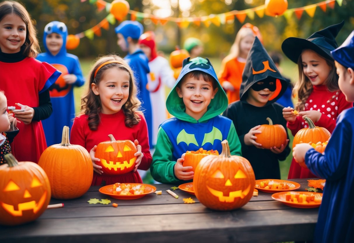Kinder in Kostümen spielen Spiele, schnitzen Kürbisse und essen Leckereien auf einer Halloween-Party.