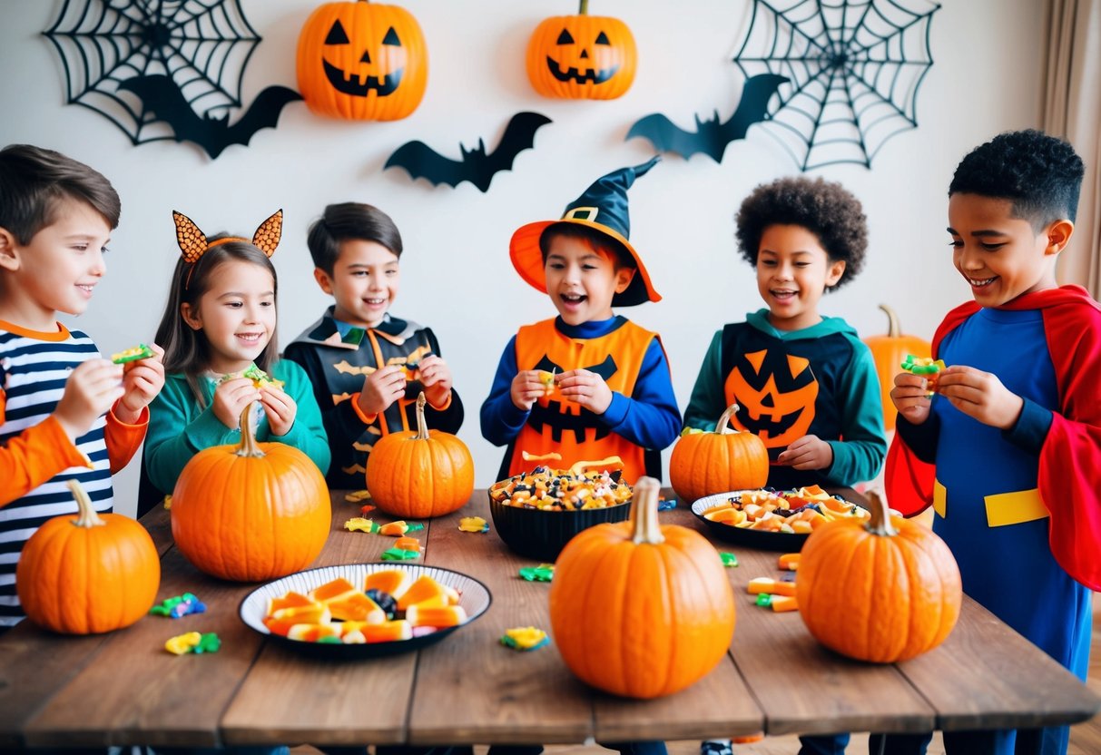 Eine Gruppe von Kindern in Kostümen spielt Spiele und isst Leckereien auf einer Halloween-Party, die mit Kürbissen, Fledermäusen und Spinnweben dekoriert ist.