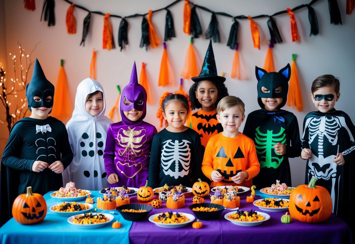 Eine Gruppe von Kindern in verschiedenen kreativen Halloween-Kostümen versammelt sich um einen Tisch, der mit gruseligen Dekorationen und Leckereien für eine festliche Feier gedeckt ist.