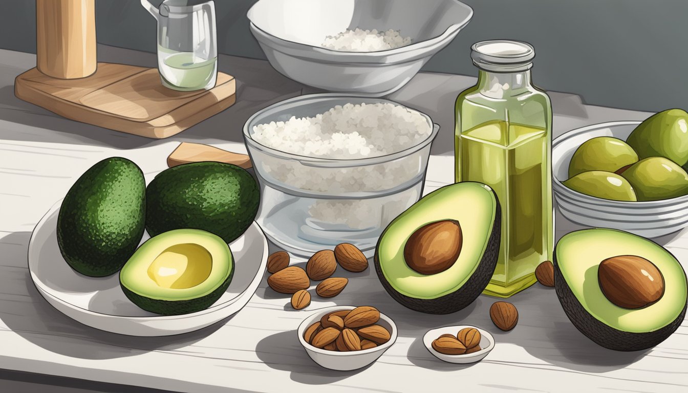 A kitchen counter with avocados, nuts, olive oil, and coconut oil. A cookbook open to a keto recipe