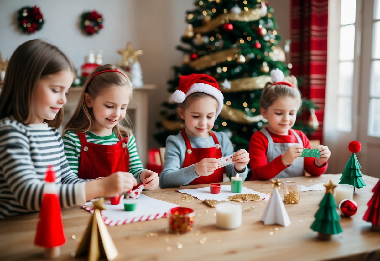 Kinder basteln Weihnachtsdekorationen mit Papier, Kleber und Glitzer in einem gemütlichen, festlichen Raum