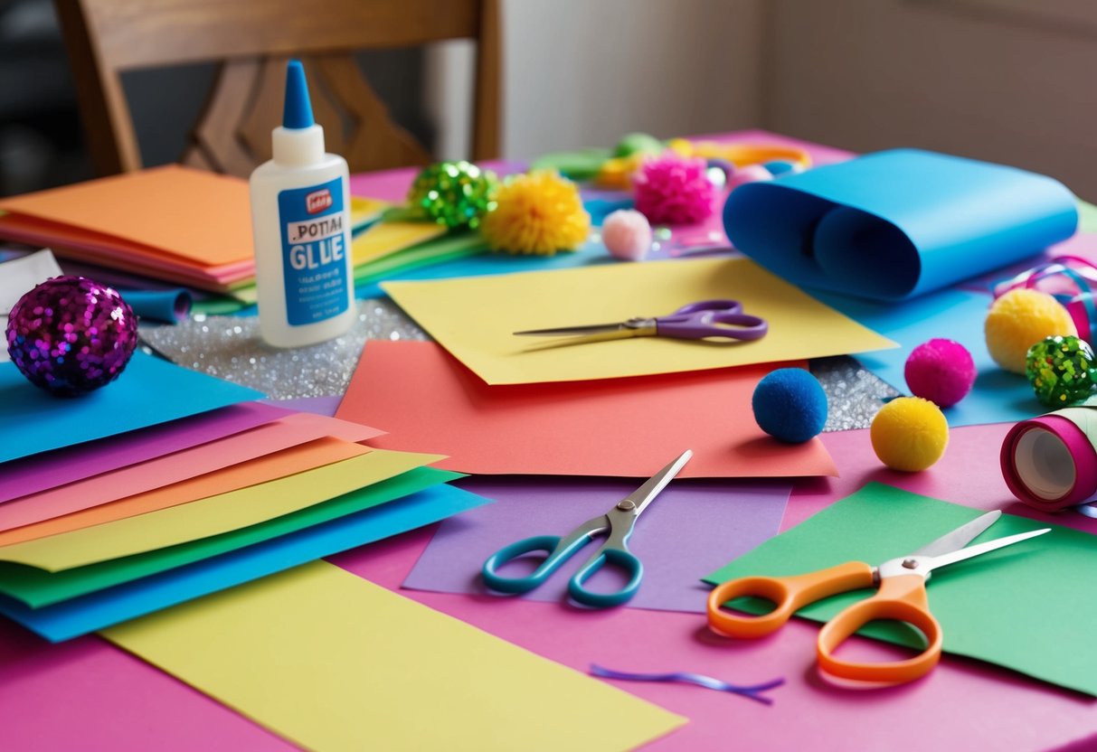 Ein Tisch, der mit buntem Papier, Kleber und Scheren bedeckt ist. Eine Vielzahl von Bastelmaterialien ist verstreut, darunter Bänder, Pompons und Glitzer.
