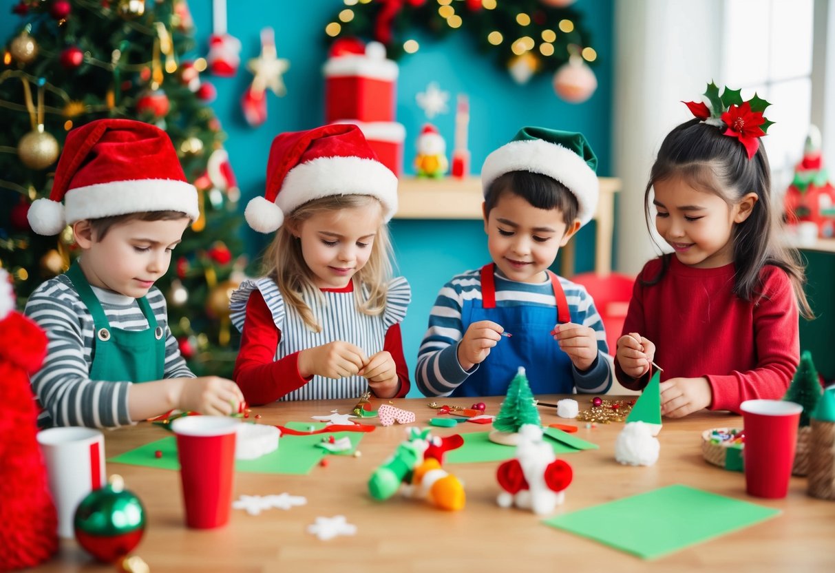 Kinder unterschiedlichen Alters basteln Weihnachtsdekorationen mit verschiedenen Materialien in einer festlichen und bunten Umgebung