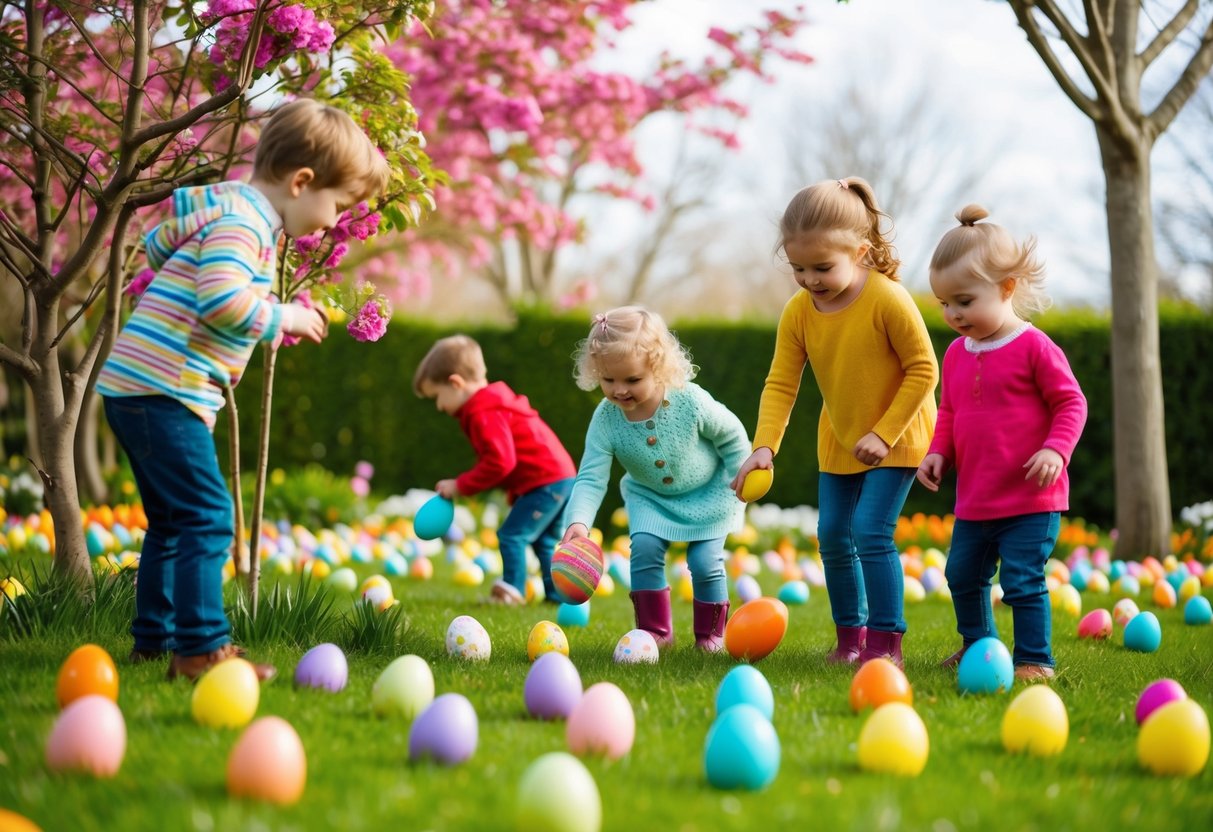 Eine bunte Ostereiersuche in einem blühenden Garten, in dem Kinder versteckte Eier zwischen Blumen und Bäumen suchen.