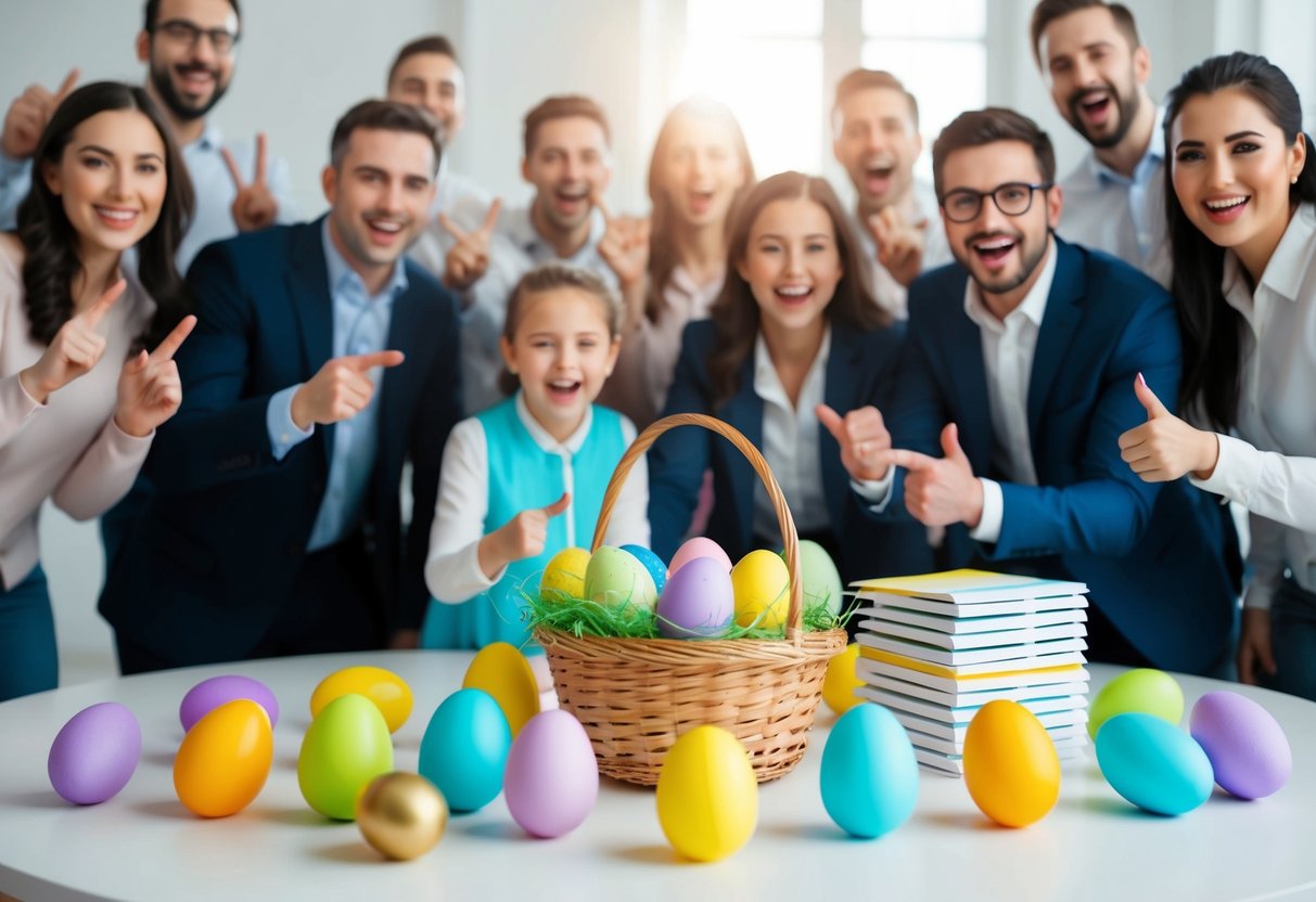 Ein Tisch mit bunten Ostereiern, einem Korb und einem Stapel Einladungen, umgeben von einer Gruppe aufgeregter Teilnehmer