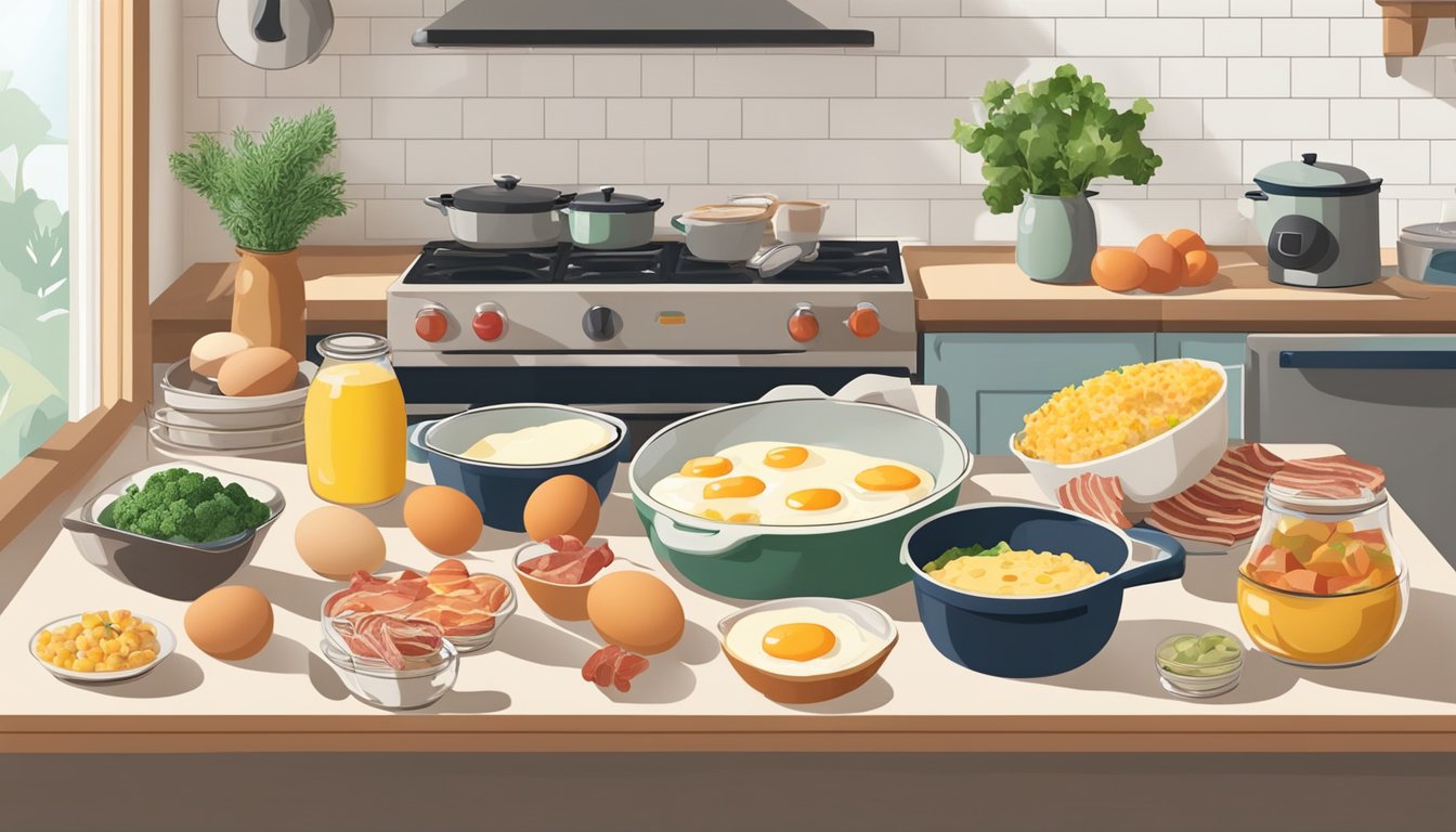 A kitchen counter with various keto-friendly breakfast ingredients laid out, including eggs, cheese, vegetables, and bacon. A casserole dish is being filled and prepared for baking